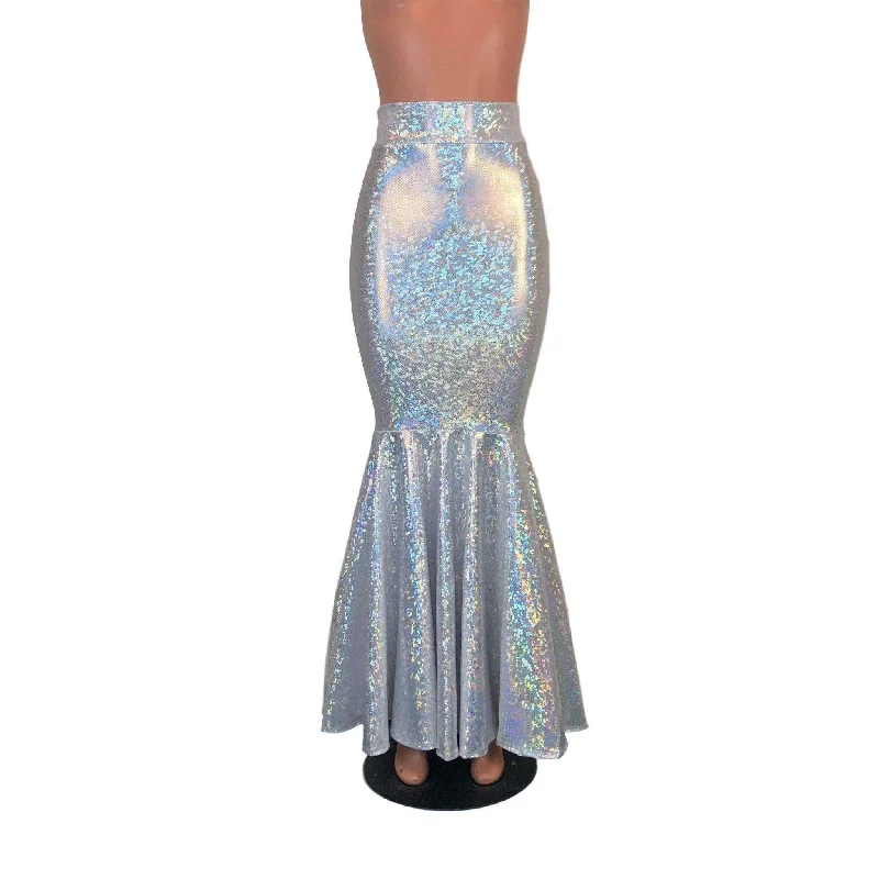 Long Mermaid Skirt - Silver on White Shattered Glass Fit n Flare Maxi Skirt cashmere skirt soft Long Mermaid Skirt - Silver on White Shattered Glass Fit n Flare Maxi Skirt cashmere skirt soft