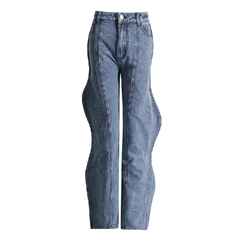 Asymmetric Wave Design High Waist Straight Leg Washed Denim Jeans Stylish High-Waisted Denim Asymmetric Wave Design High Waist Straight Leg Washed Denim Jeans Stylish High-Waisted Denim