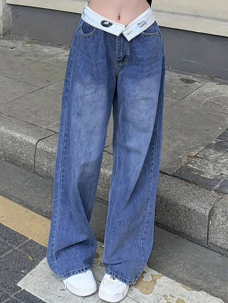 Blue Flipped Waist Design Loose Fit Straight Jeans Casual High-Waisted Bootcut Jeans Blue Flipped Waist Design Loose Fit Straight Jeans Casual High-Waisted Bootcut Jeans
