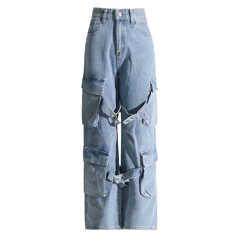 Boyfriend Bleached High Waisted Wide Leg Buttoned Strap Cargo Jeans Casual Distressed Denim Jeans Boyfriend Bleached High Waisted Wide Leg Buttoned Strap Cargo Jeans Casual Distressed Denim Jeans