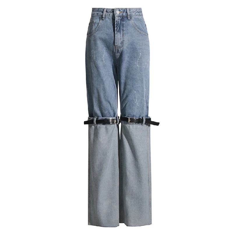 High Street High Waist Contrast Blue Belted Turn-up Straight Leg Hybrid Jeans Comfortable Ankle Jeans High Street High Waist Contrast Blue Belted Turn-up Straight Leg Hybrid Jeans Comfortable Ankle Jeans
