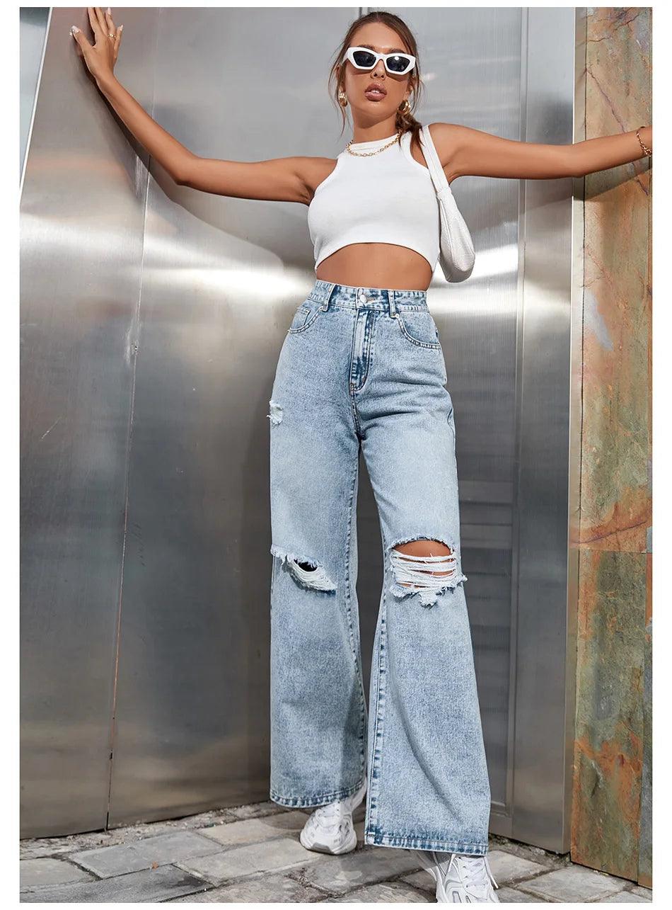High Waisted Baggy Ripped Jeans Casual Wide-Legged Denim Jeans