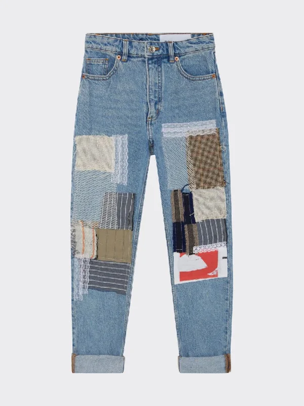 High Waisted Recycled "Fully Patchwork" Jeans, Blue Denim Stylish Paperbag Waist Denim High Waisted Recycled "Fully Patchwork" Jeans, Blue Denim Stylish Paperbag Waist Denim