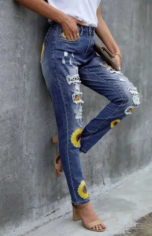 Leopard Patchwork Sunflower Print Distressed High Waist Jeans Trendy Classic Fit Jeans Leopard Patchwork Sunflower Print Distressed High Waist Jeans Trendy Classic Fit Jeans