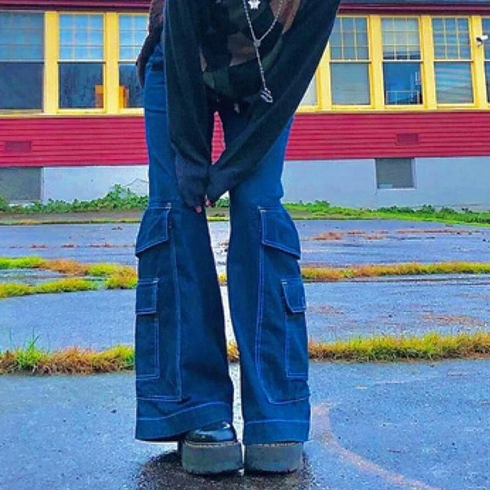 Street Style Boyfriend Baggy Pants Vintage Pockets Wide Legs Jeans Stylish Cargo Style Jeans Street Style Boyfriend Baggy Pants Vintage Pockets Wide Legs Jeans Stylish Cargo Style Jeans