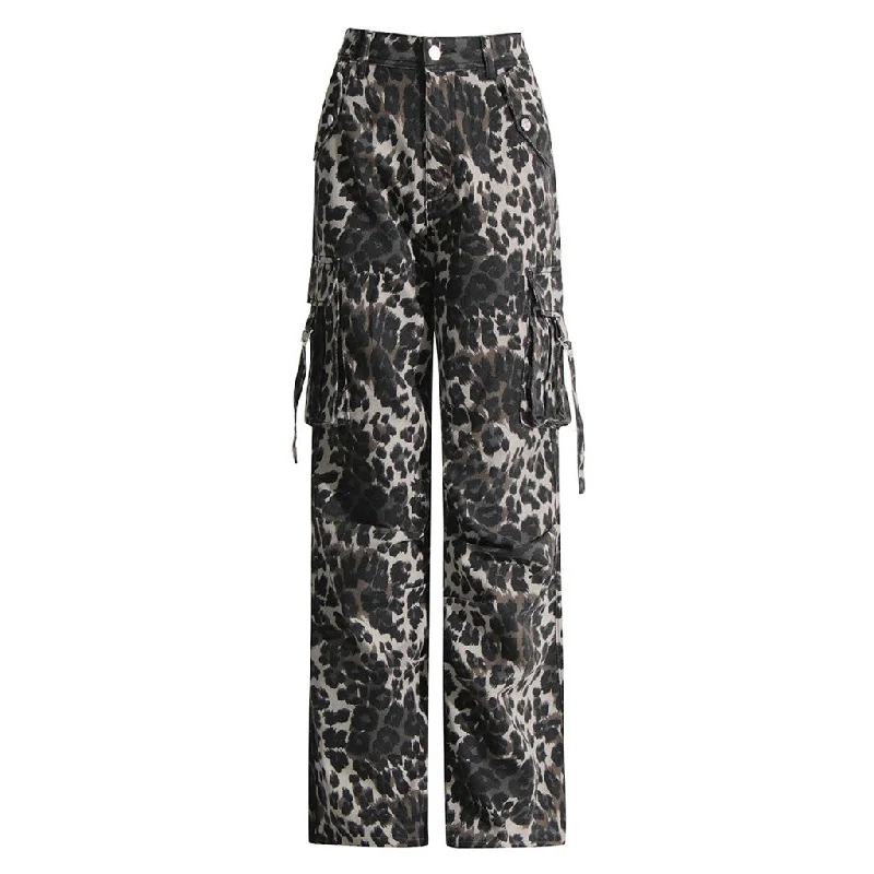 Untamed Leopard Print Folded Trim High Waist Wide Leg Draped Cargo Jeans Comfortable Full-Length Denim Jeans Untamed Leopard Print Folded Trim High Waist Wide Leg Draped Cargo Jeans Comfortable Full-Length Denim Jeans