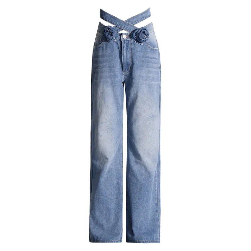 Versatile Criss Cross Rosette Applique High Waist Wide Leg Jeans Cozy Tencel Blend Denim Jeans Versatile Criss Cross Rosette Applique High Waist Wide Leg Jeans Cozy Tencel Blend Denim Jeans