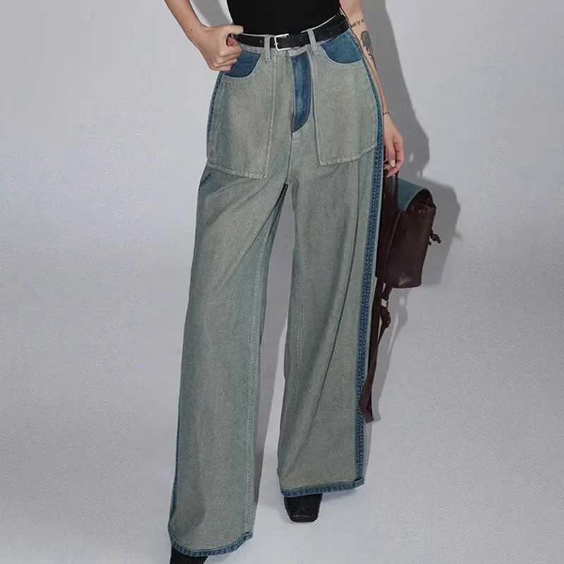 Vintage High Waist Cargo Pocket Wide Leg Contrast Panel Denim Jeans Stylish High-Rise Mom Jeans Vintage High Waist Cargo Pocket Wide Leg Contrast Panel Denim Jeans Stylish High-Rise Mom Jeans
