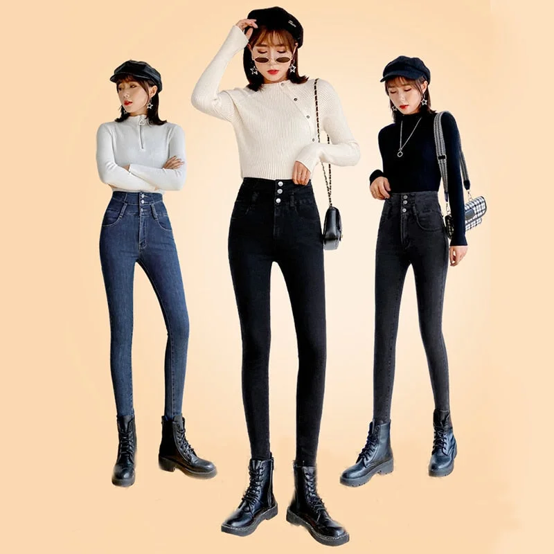 Women's Korean Casual Style Stretch Skinny High Waist Denim Jeans Chic Double Waistband Jeans Women's Korean Casual Style Stretch Skinny High Waist Denim Jeans Chic Double Waistband Jeans